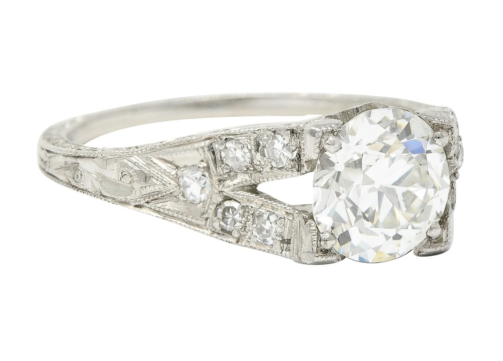 1930's Art Deco 1.68 CTW Diamond Platinum Lotus Engagement Ring GIA
