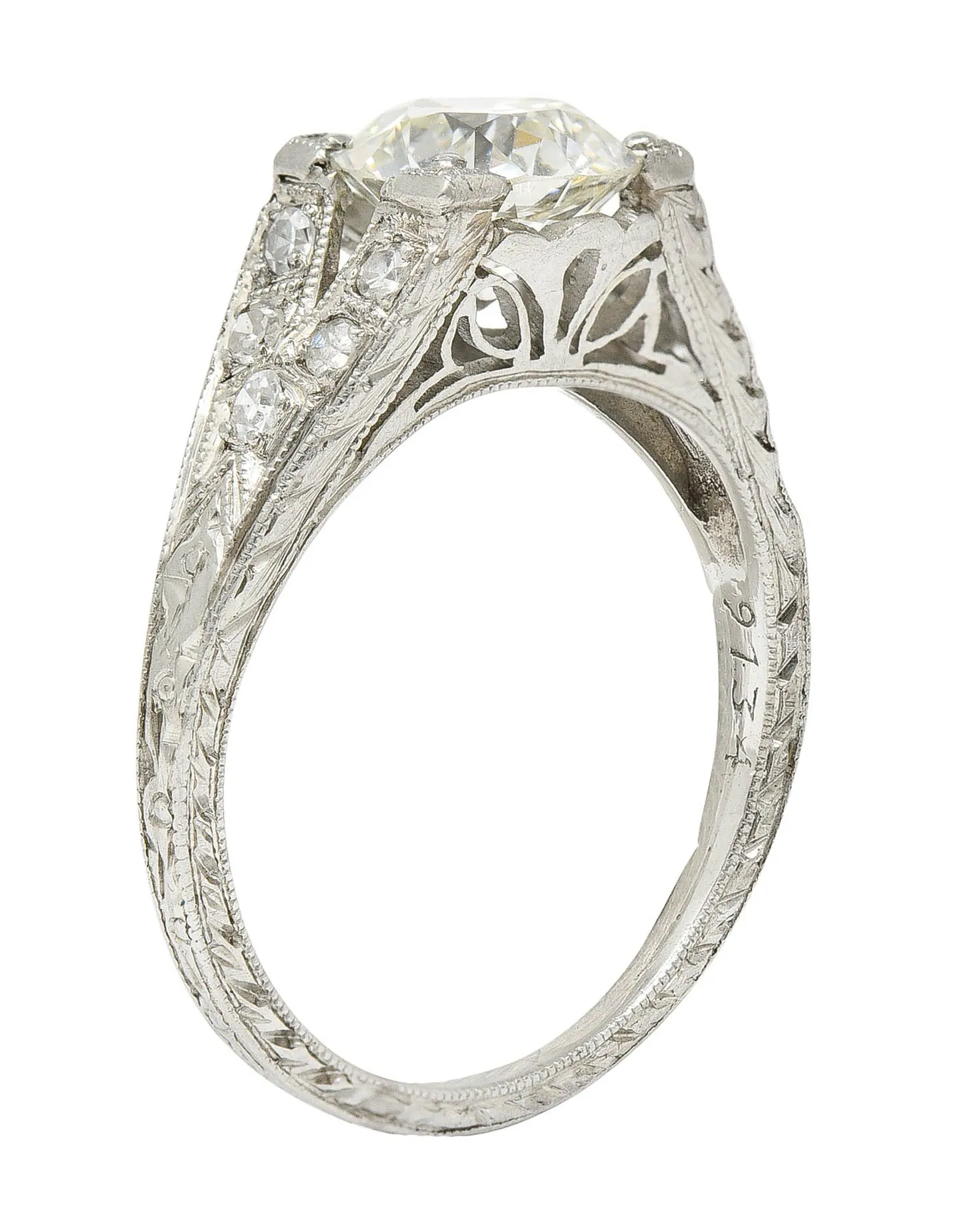 1930's Art Deco 1.68 CTW Diamond Platinum Lotus Engagement Ring GIA