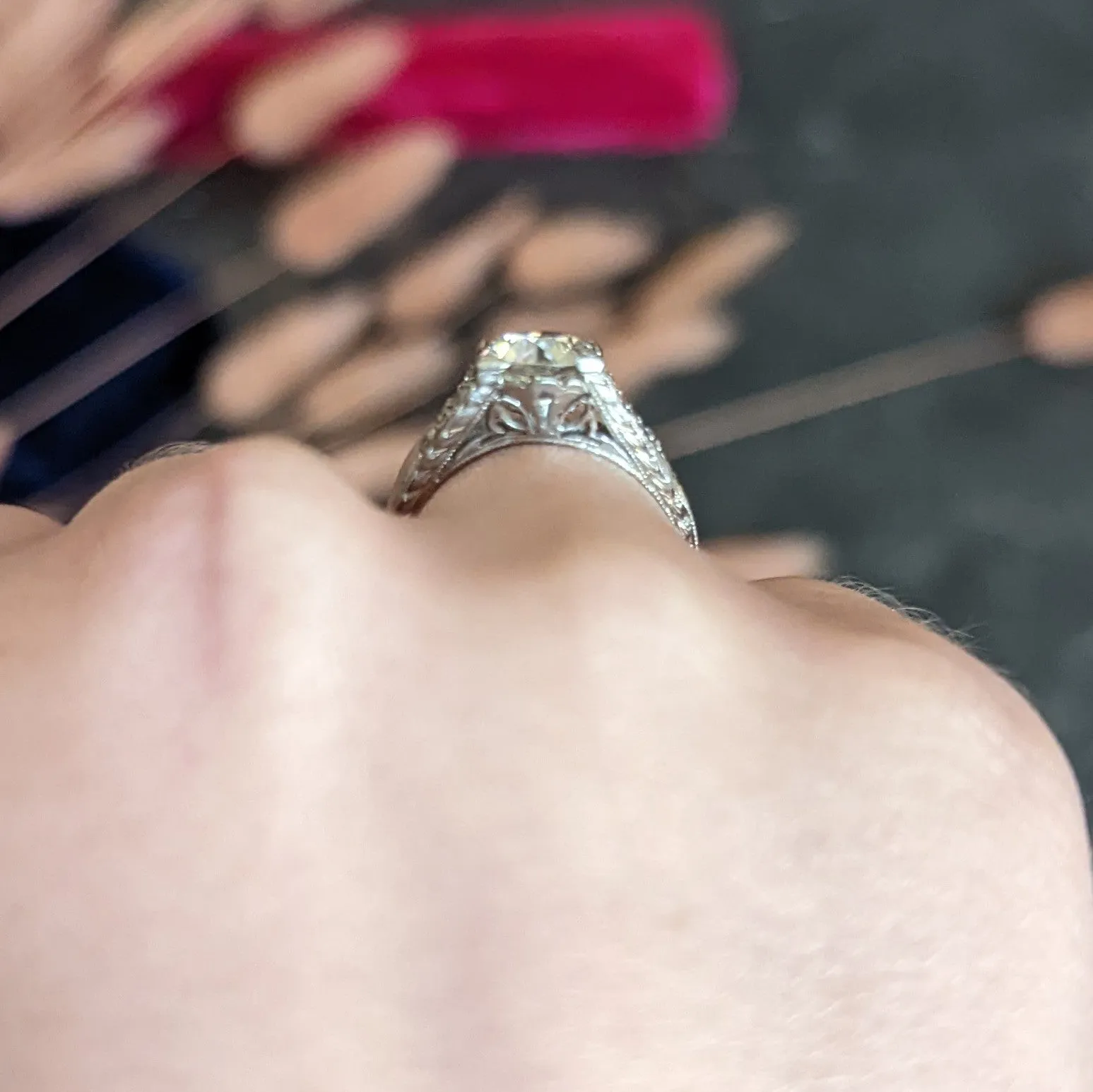 1930's Art Deco 1.68 CTW Diamond Platinum Lotus Engagement Ring GIA