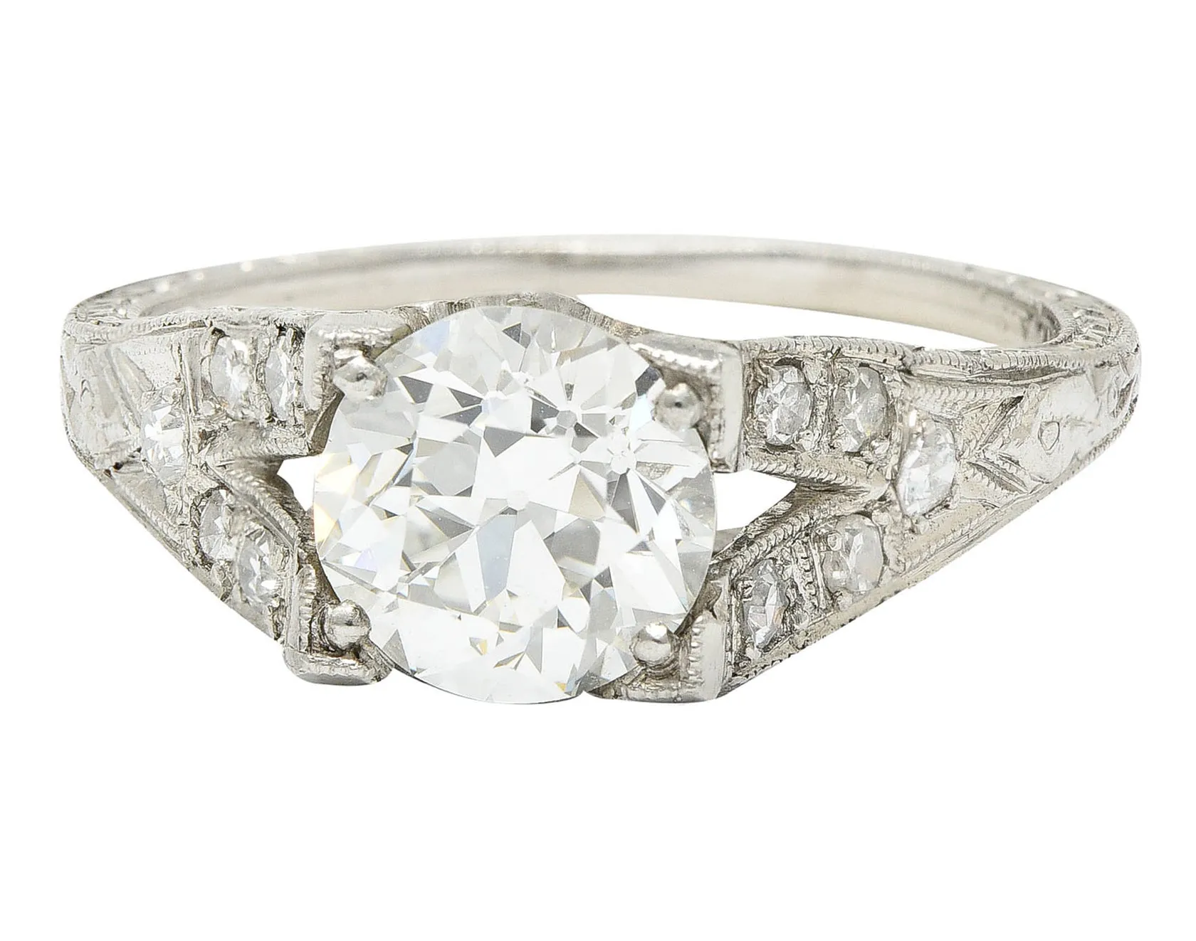 1930's Art Deco 1.68 CTW Diamond Platinum Lotus Engagement Ring GIA