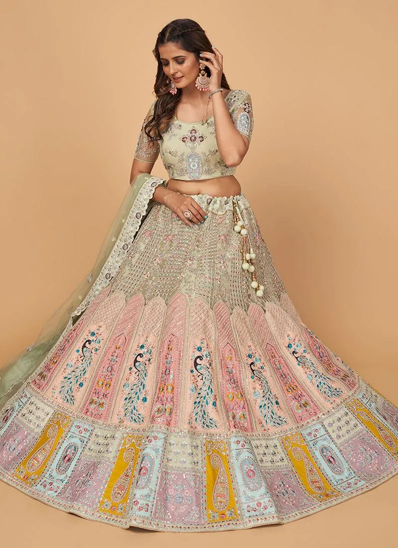 Aesthetic Pista Green Color Net Base Lehenga Choli With Heavy Resham Work