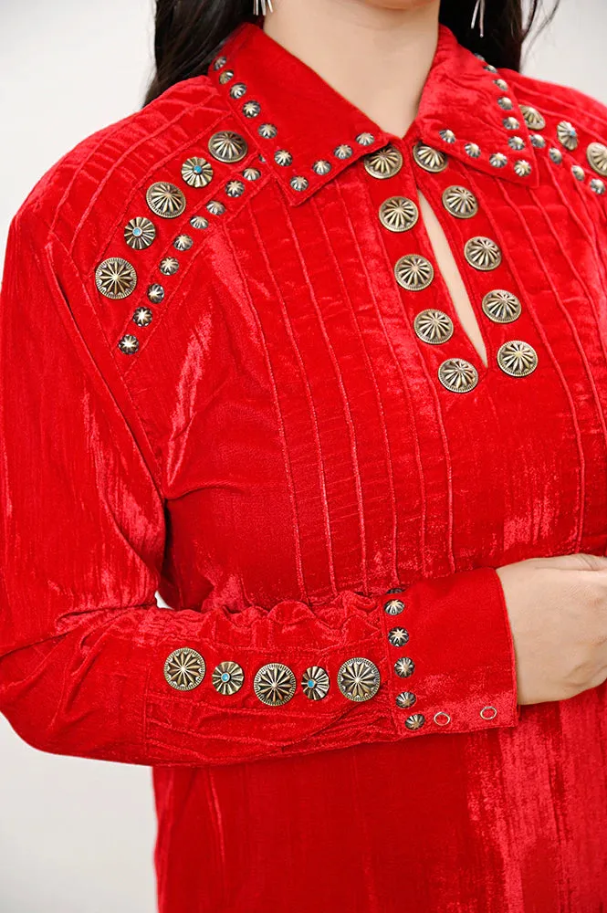 American Darling Red Velvet Shirt with Conchos
