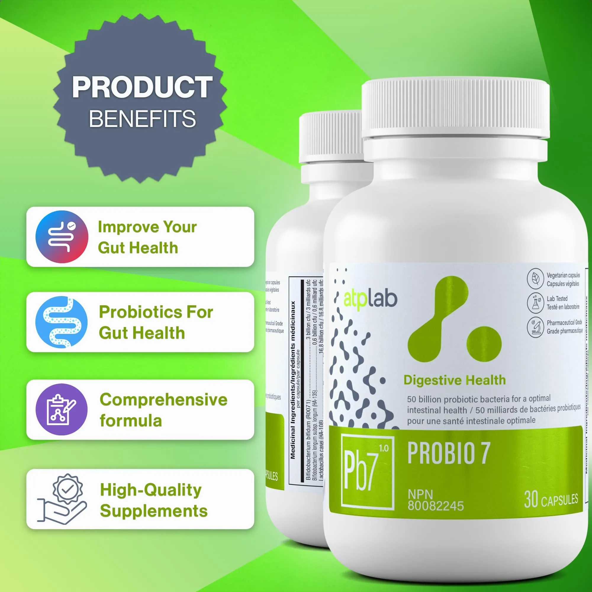ATP LAB - Probio 7 30 Capsules - Probiotics 50 Billion CFU - Probiotics for Digestive Health for Men & Women - Gastrointestinal & Gut Health Supplements