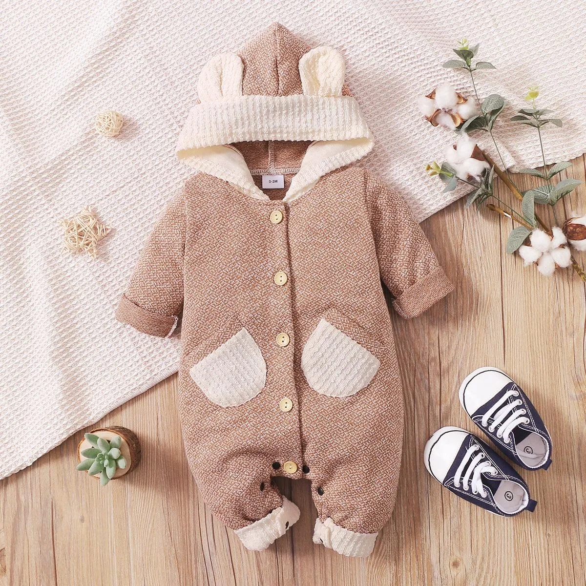 Baby Button Down Round Pockets Hooded Jumpsuits