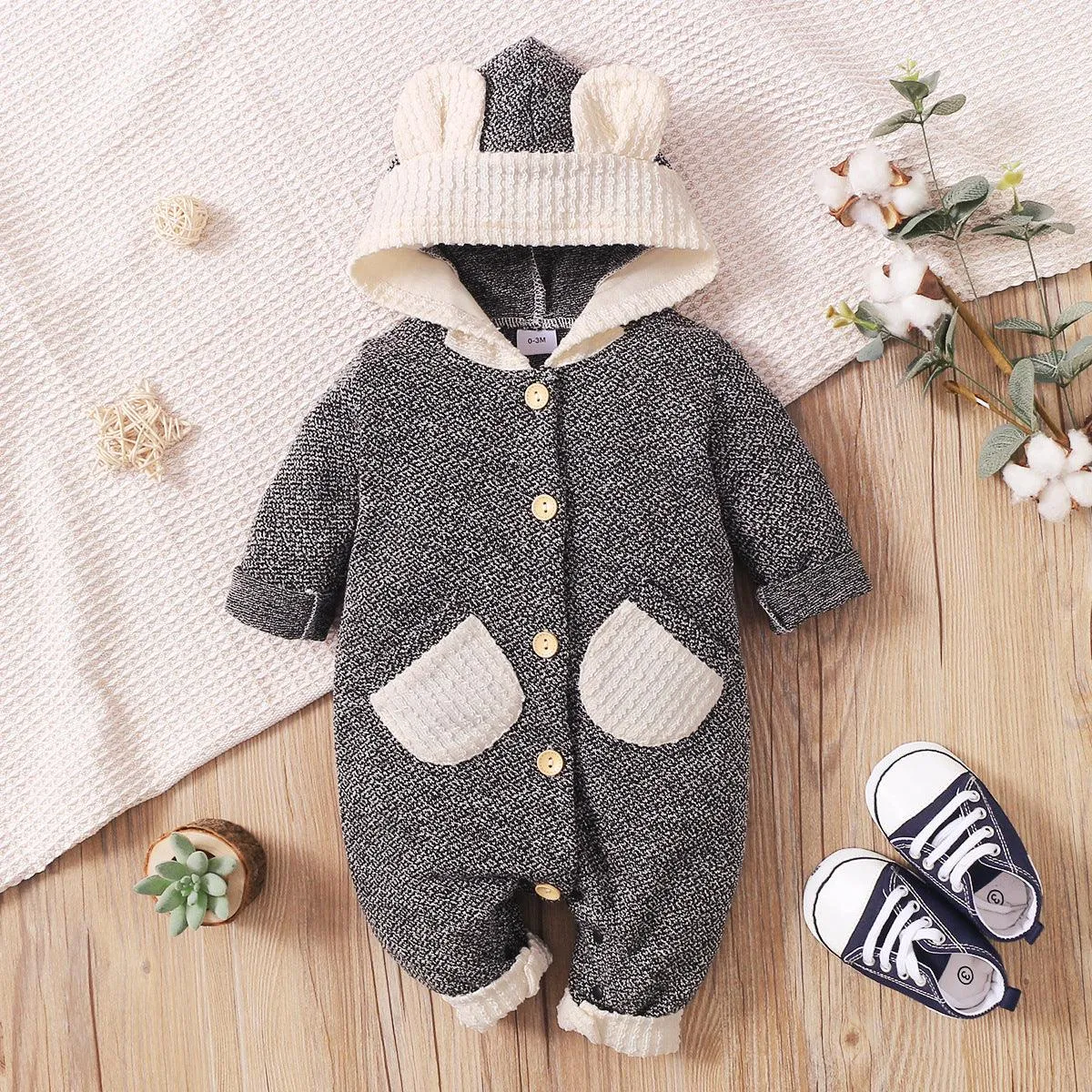 Baby Button Down Round Pockets Hooded Jumpsuits