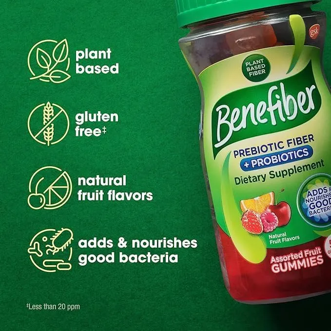 Benefiber Prebiotic Fiber Supplement Gummies with Probiotics for Digestive Health, Assorted Fruit Flavors - 50 Count
