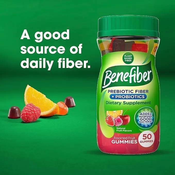 Benefiber Prebiotic Fiber Supplement Gummies with Probiotics for Digestive Health, Assorted Fruit Flavors - 50 Count