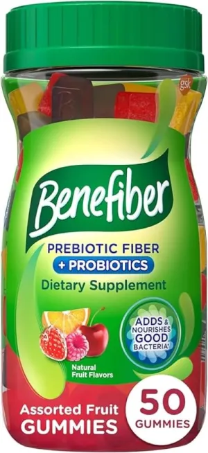 Benefiber Prebiotic Fiber Supplement Gummies with Probiotics for Digestive Health, Assorted Fruit Flavors - 50 Count