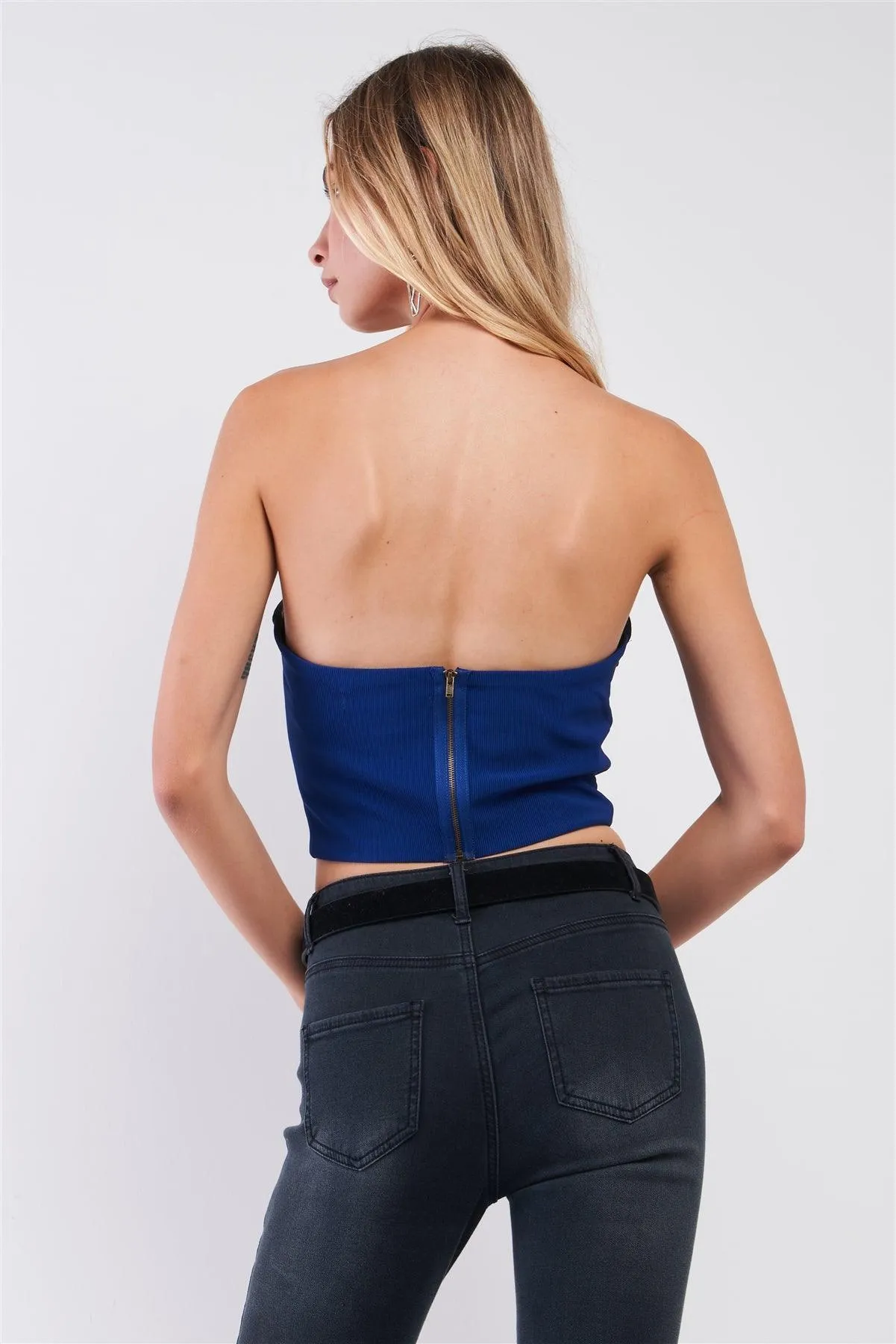 Black & Blue Colorblock Sweetheart Strap/Strapless Convertible Cropped Top /1-2-2-1