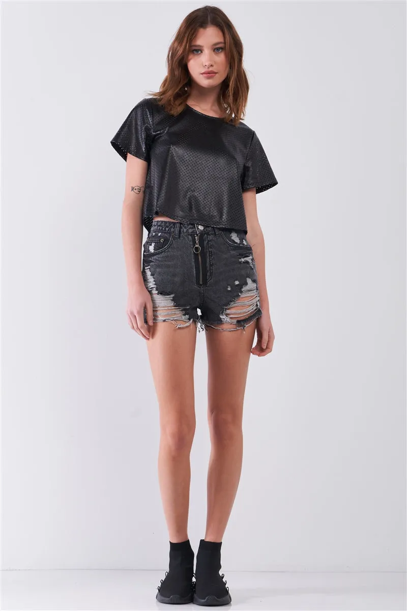Black Vegan Leather Laser Cut Round Neck Wide Short Sleeve Cropped Top