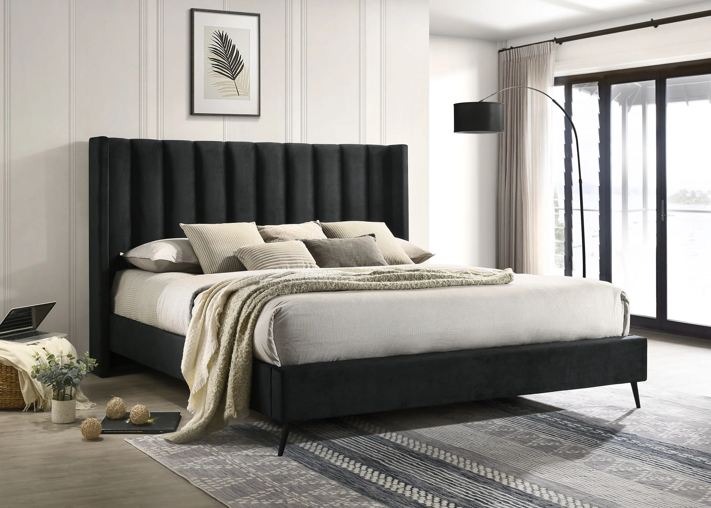 Black Velvet Wing Fabric Platform Bed- High Density Foam Padding- Queen or King- Model #5231