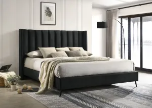 Black Velvet Wing Fabric Platform Bed- High Density Foam Padding- Queen or King- Model #5231