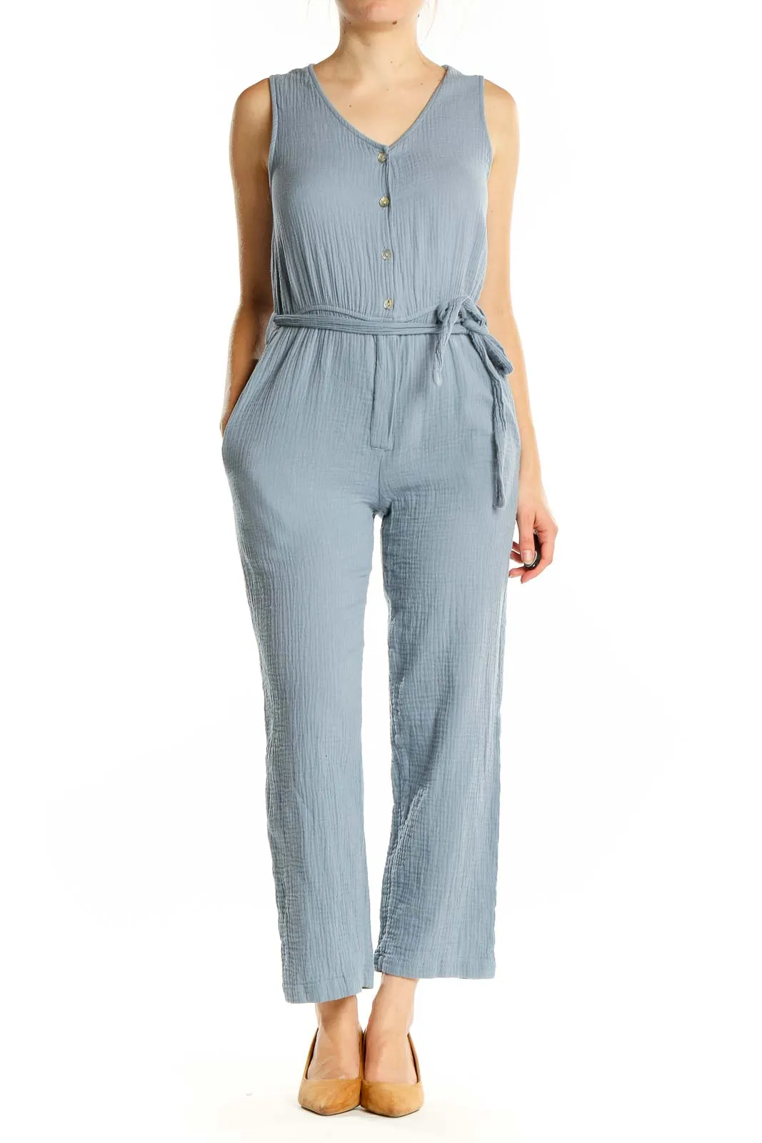 Blue Cotton V-Neck Belted Jumpsuit