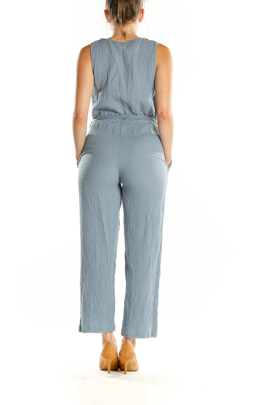 Blue Cotton V-Neck Belted Jumpsuit