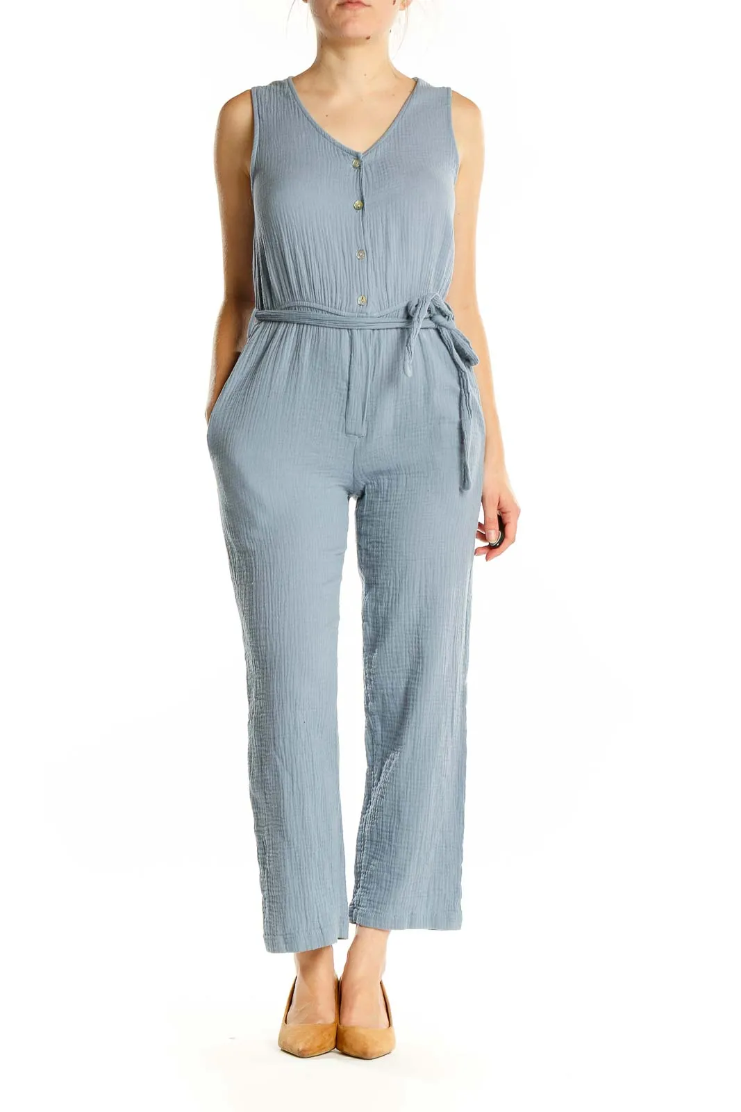 Blue Cotton V-Neck Belted Jumpsuit