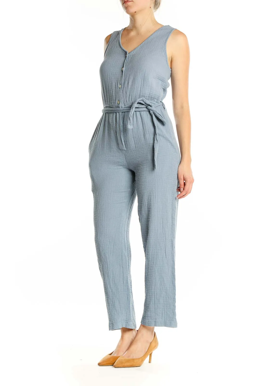 Blue Cotton V-Neck Belted Jumpsuit