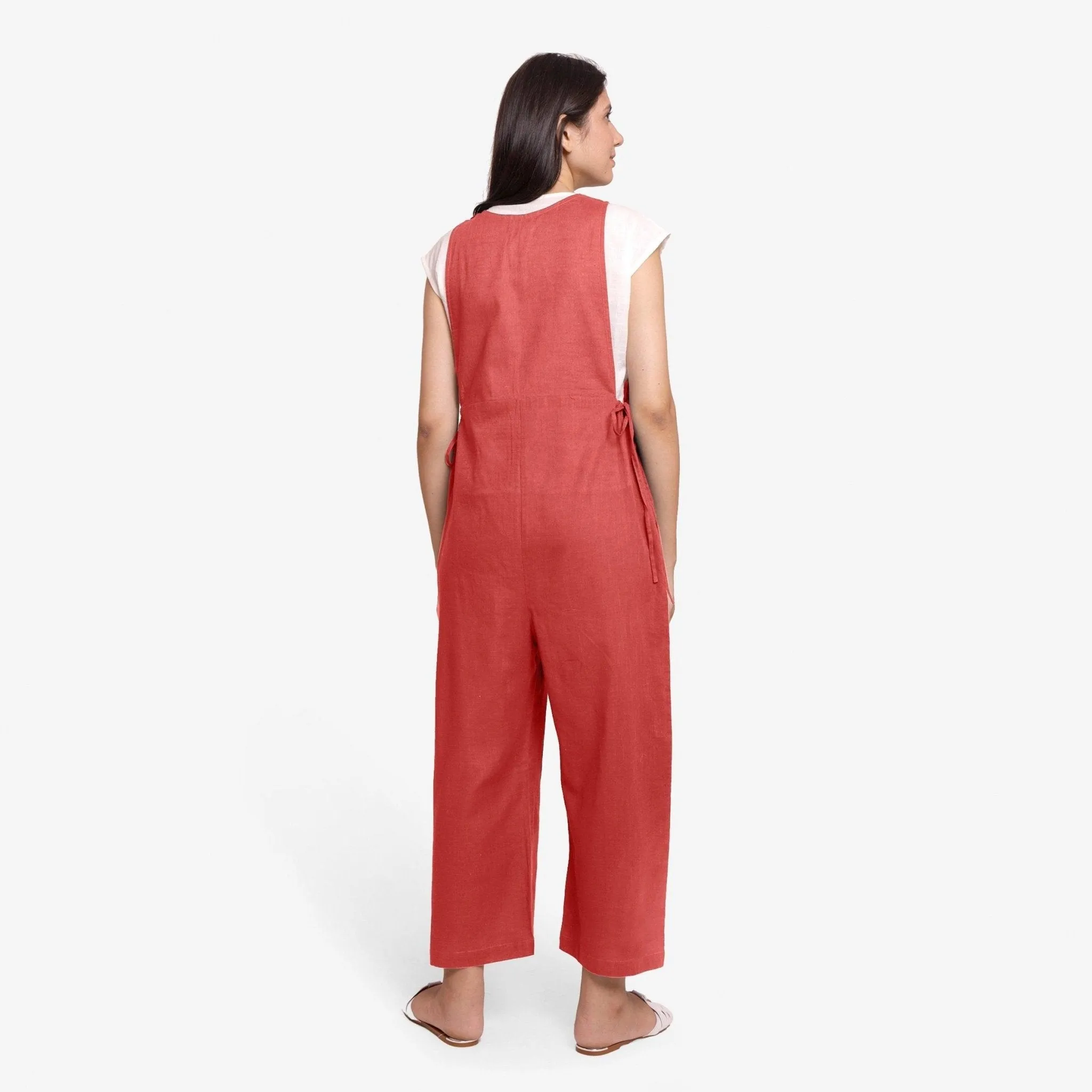 Brick Red 100% Cotton Sleeveless Pinafore Jumpsuit