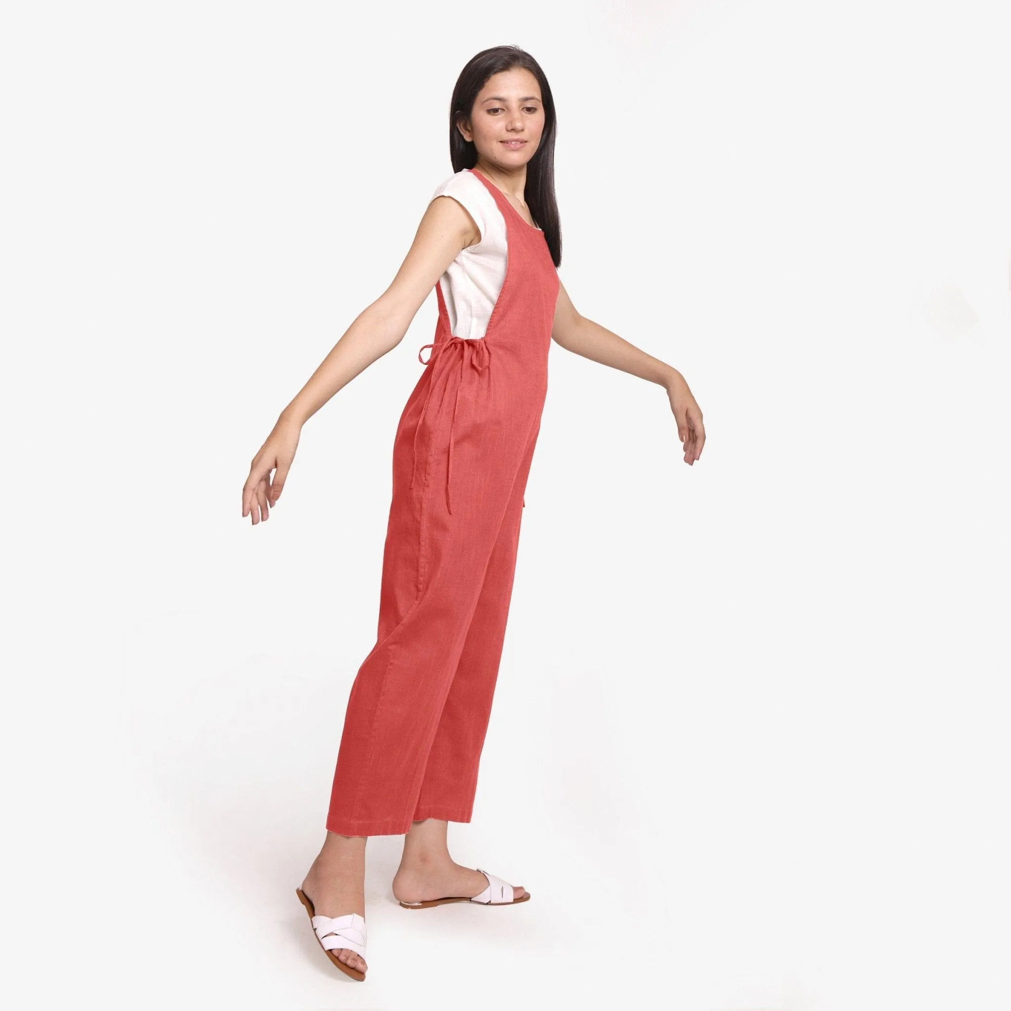 Brick Red 100% Cotton Sleeveless Pinafore Jumpsuit