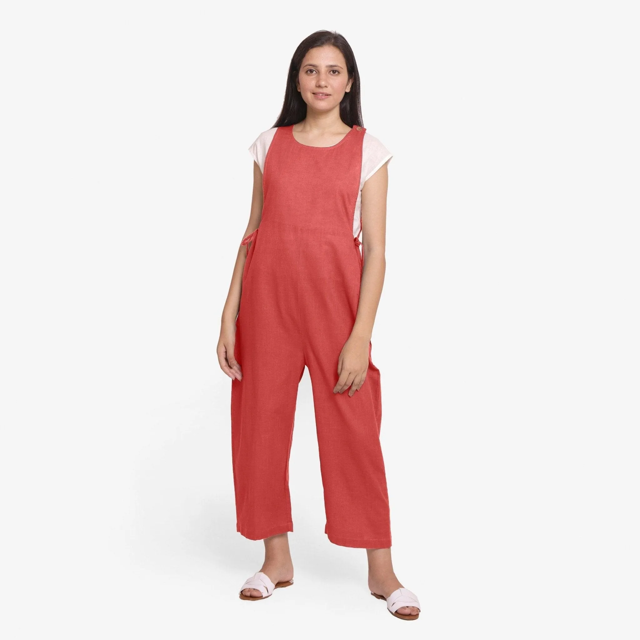 Brick Red 100% Cotton Sleeveless Pinafore Jumpsuit