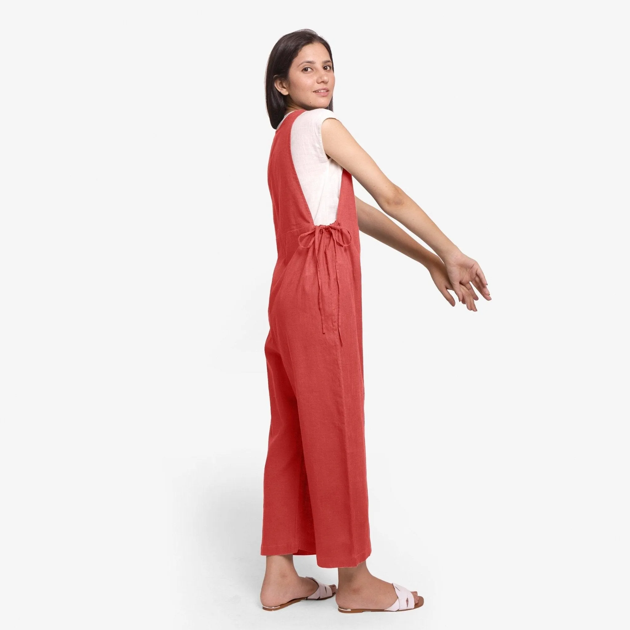 Brick Red 100% Cotton Sleeveless Pinafore Jumpsuit