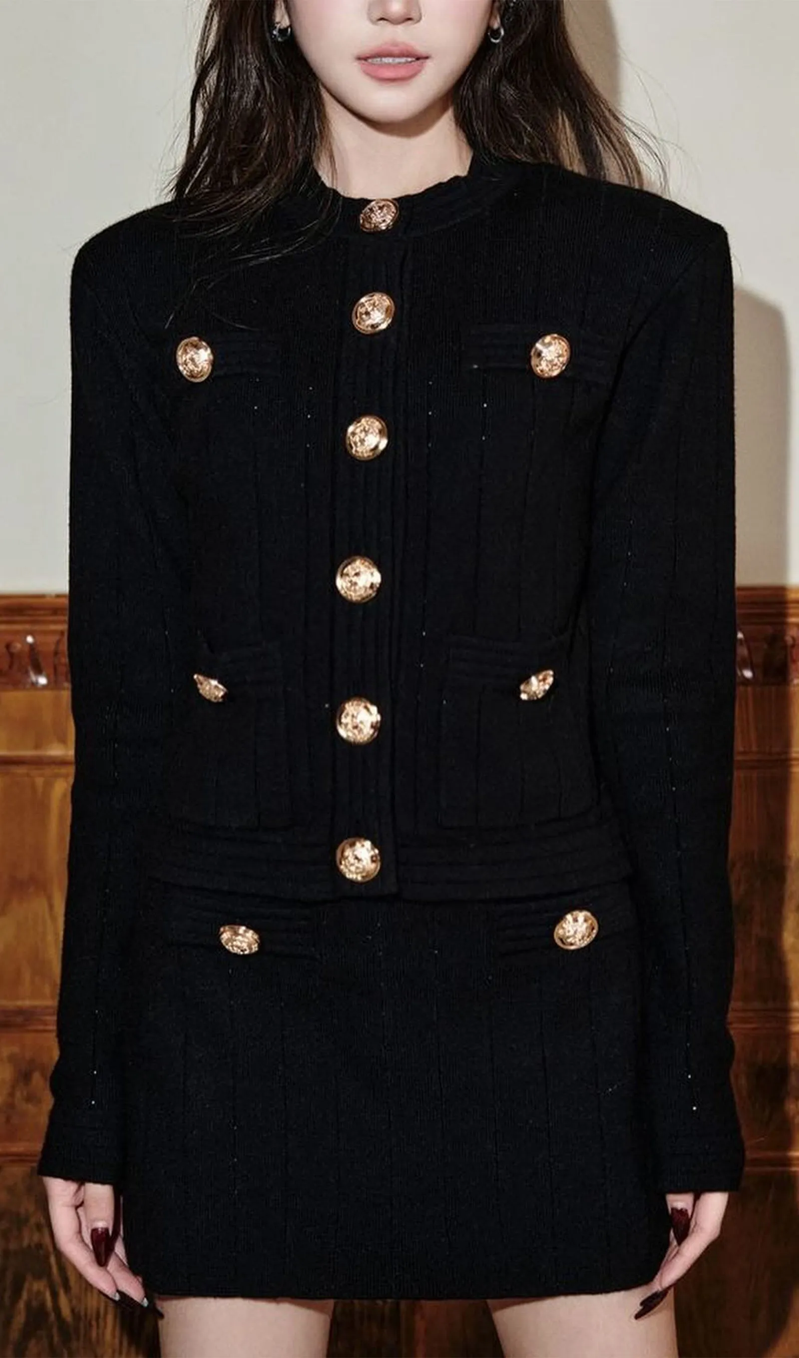 Button Embellished Knit Top-Black
