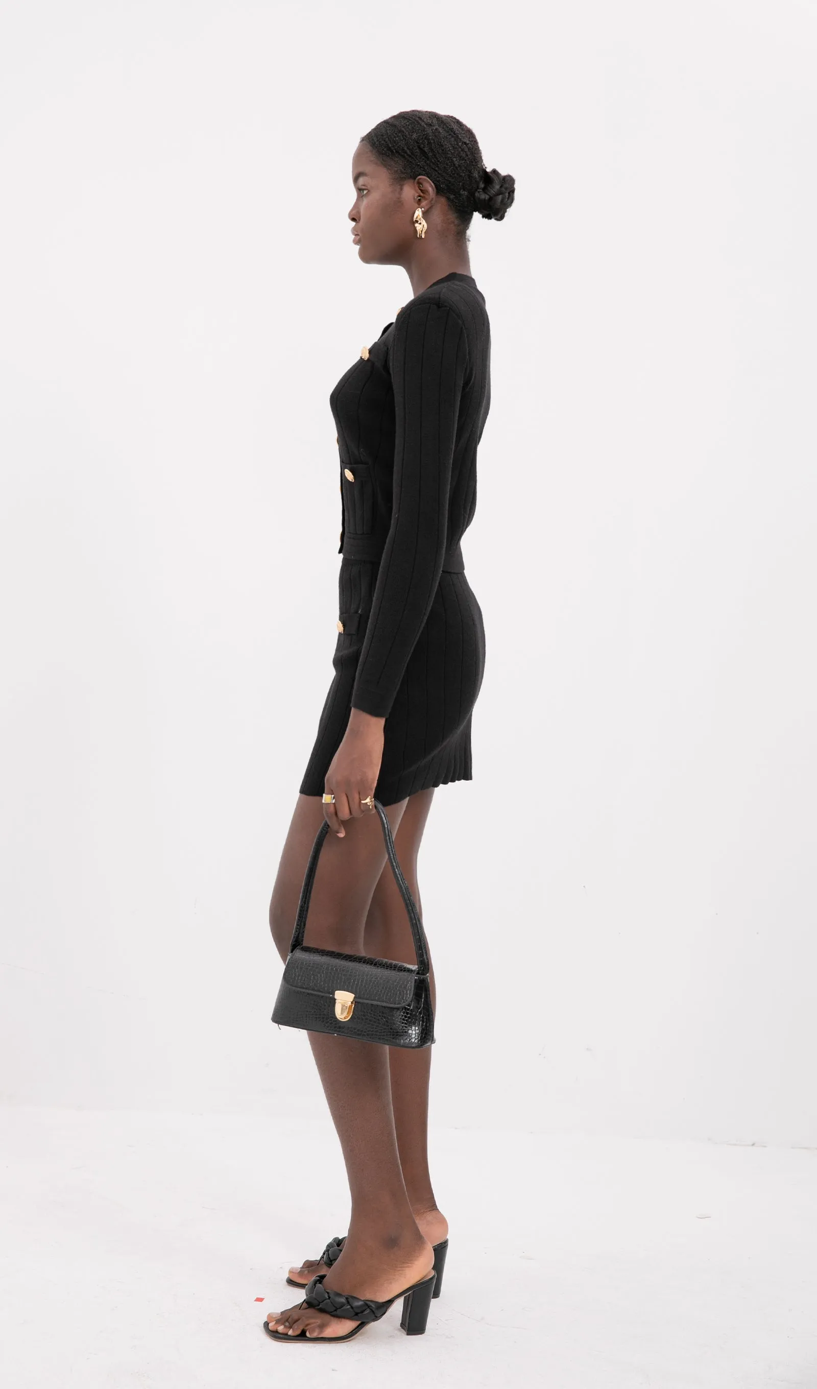 Button Embellished Knit Top-Black