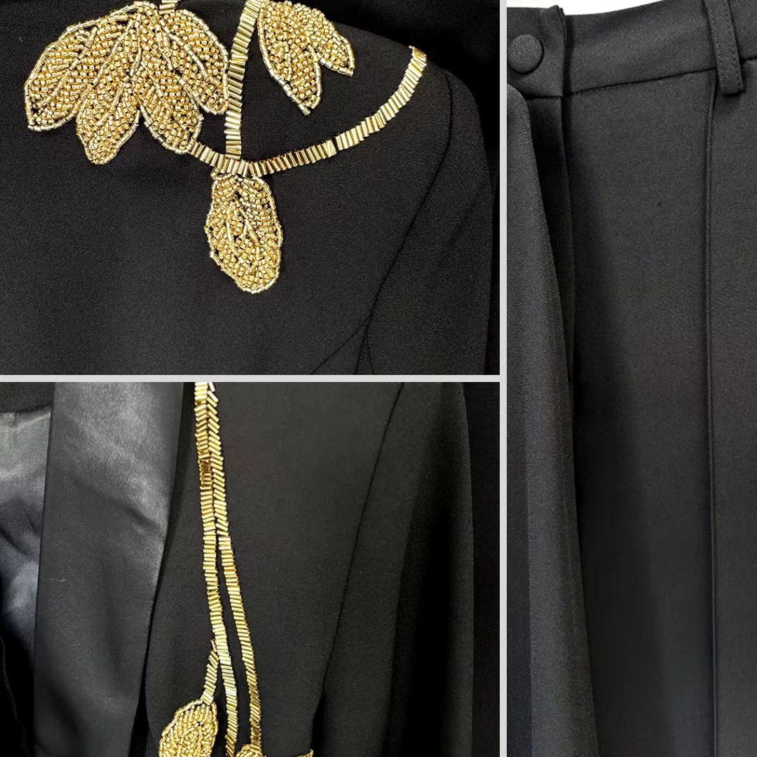 Chic Floral Ensemble: Beaded Blazer with Flare Pants