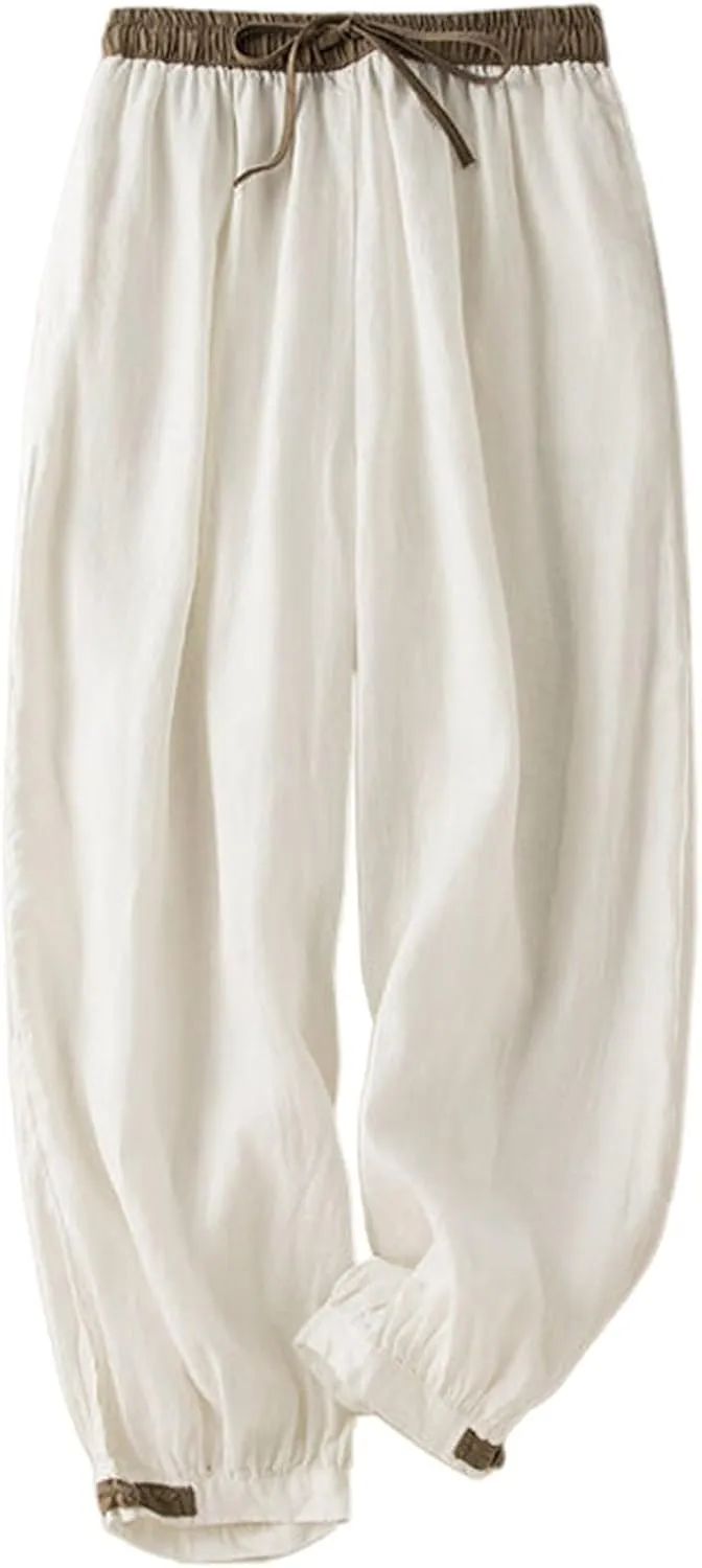 Cotton Linen Pants Women Summer Casual Cinch Bottom Trousers with Pocket High Waist Classic Comfy Lightweight Pants