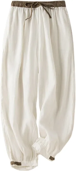 Cotton Linen Pants Women Summer Casual Cinch Bottom Trousers with Pocket High Waist Classic Comfy Lightweight Pants