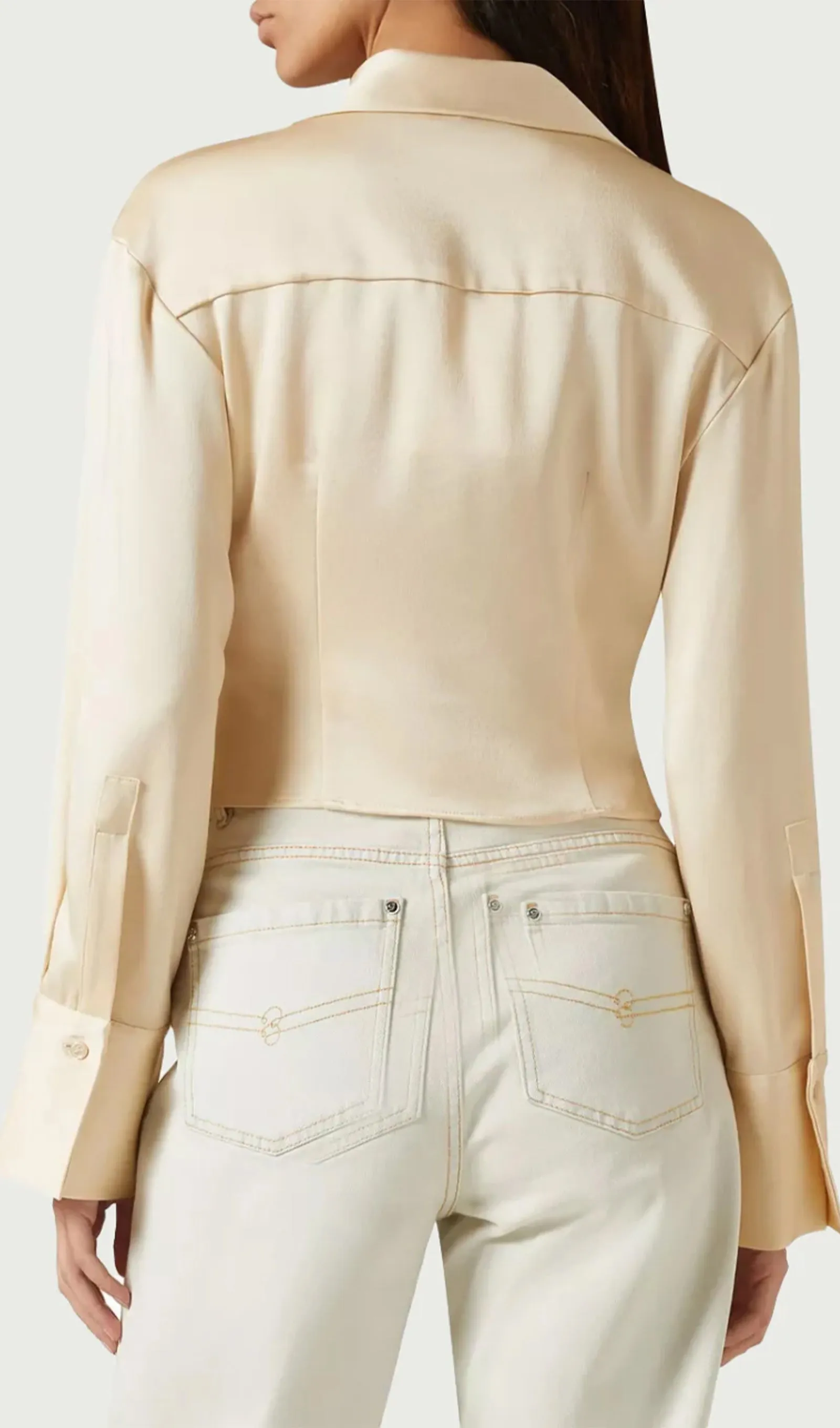 Cowl-Collar Satin Shirt Top-Beige