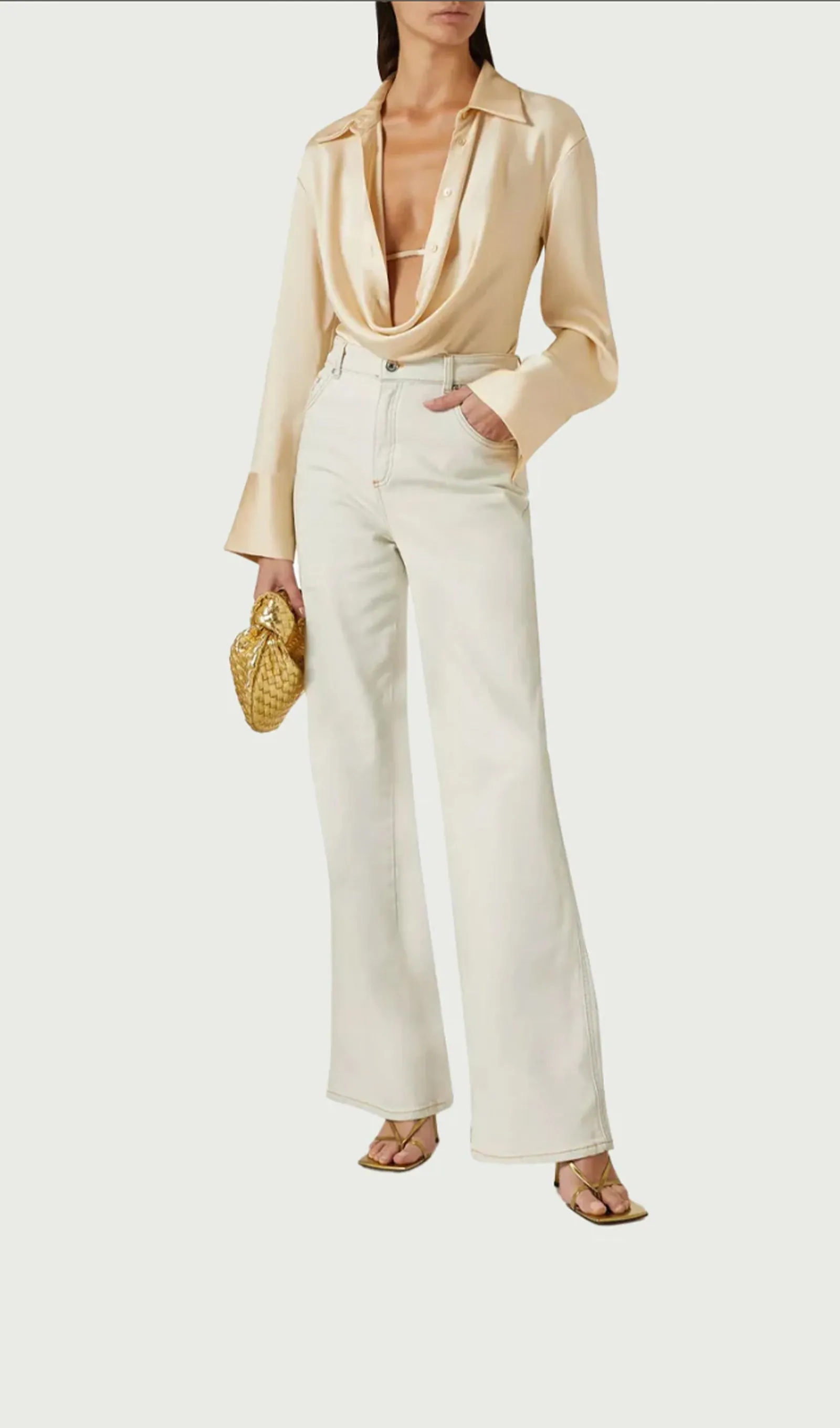 Cowl-Collar Satin Shirt Top-Beige