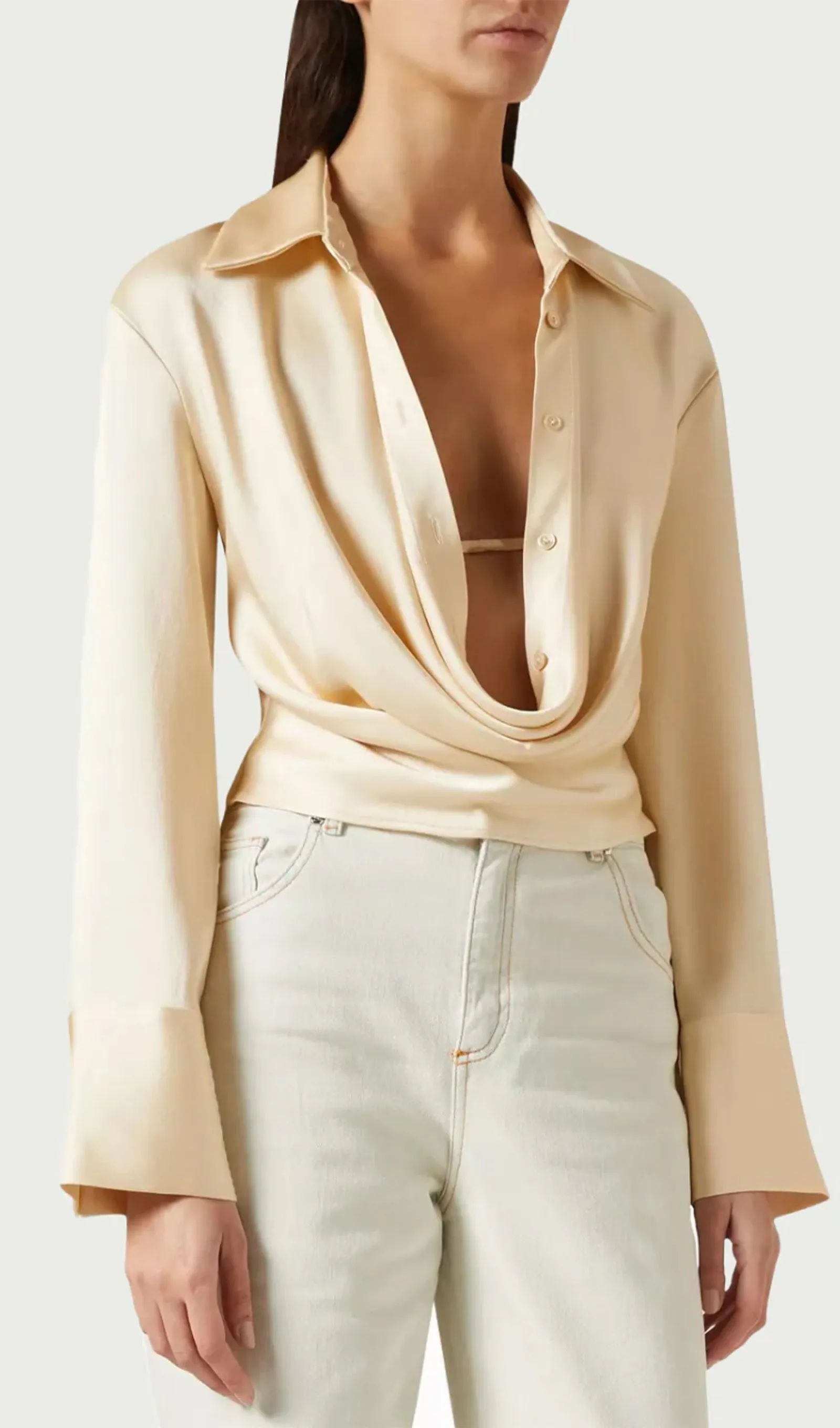 Cowl-Collar Satin Shirt Top-Beige