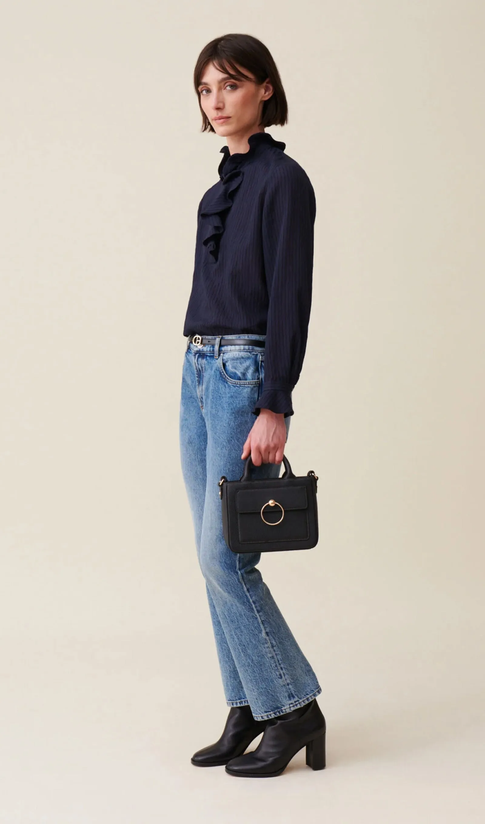 Dark Blue Striped Ruffled Top