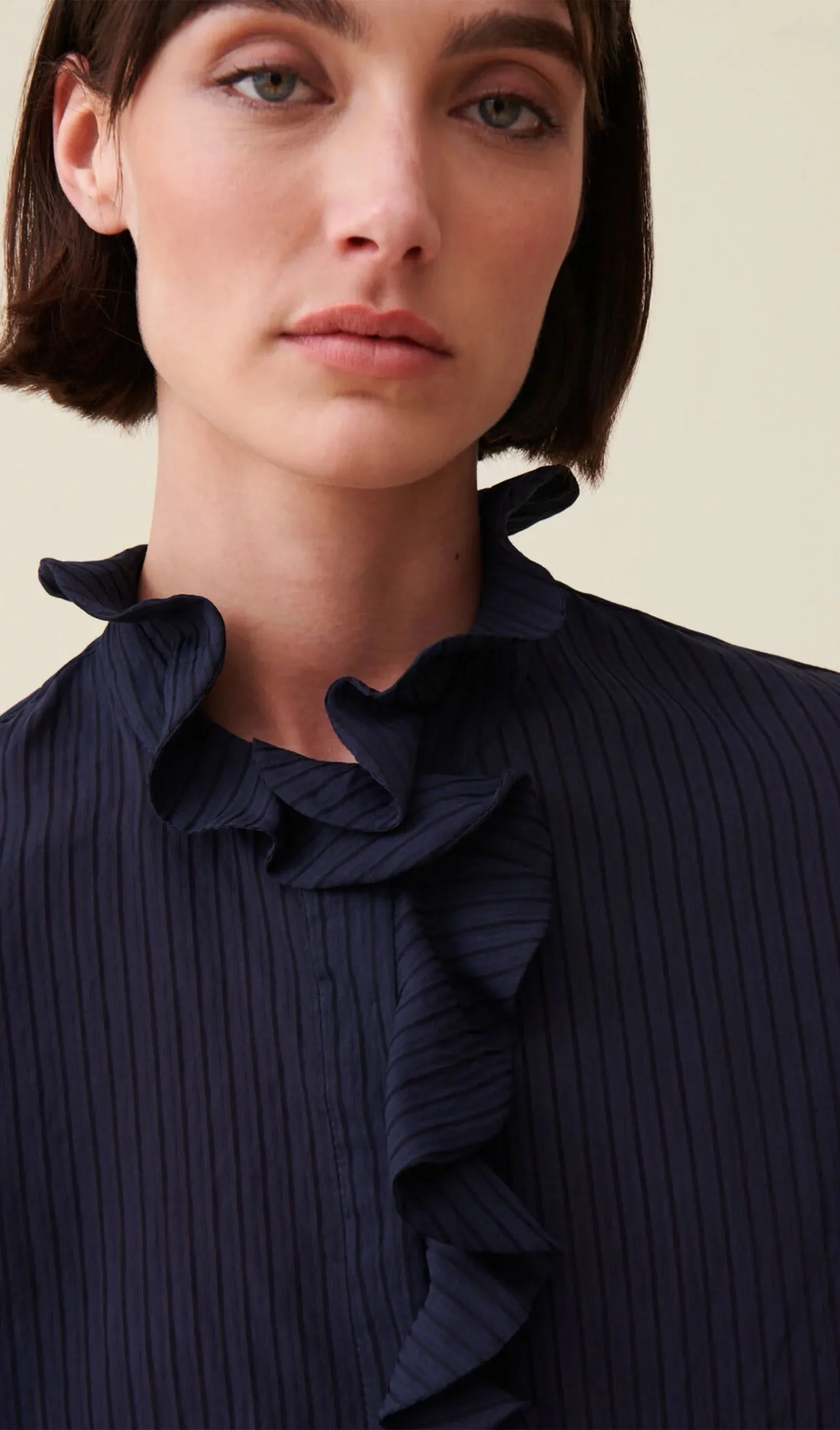 Dark Blue Striped Ruffled Top