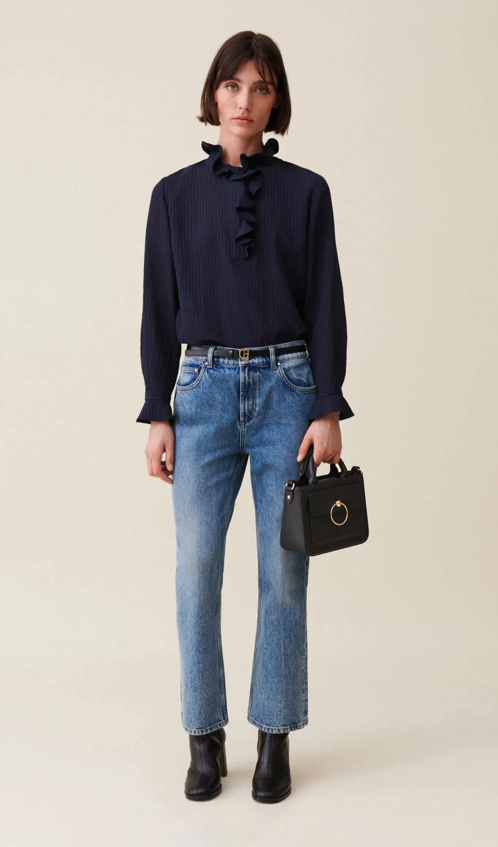 Dark Blue Striped Ruffled Top