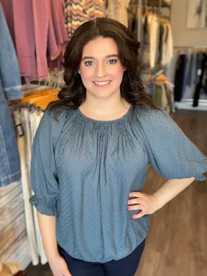 Elbow Blouson Sleeve Bubble Hem Woven Top - HQ