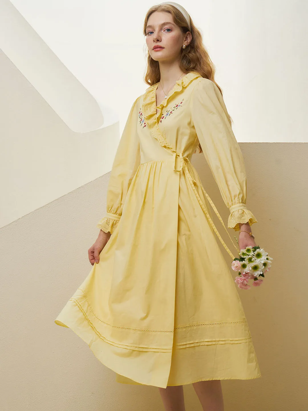 【Final Sale】Aubrie Floral Embroidery Lace Panel Cotton Dress