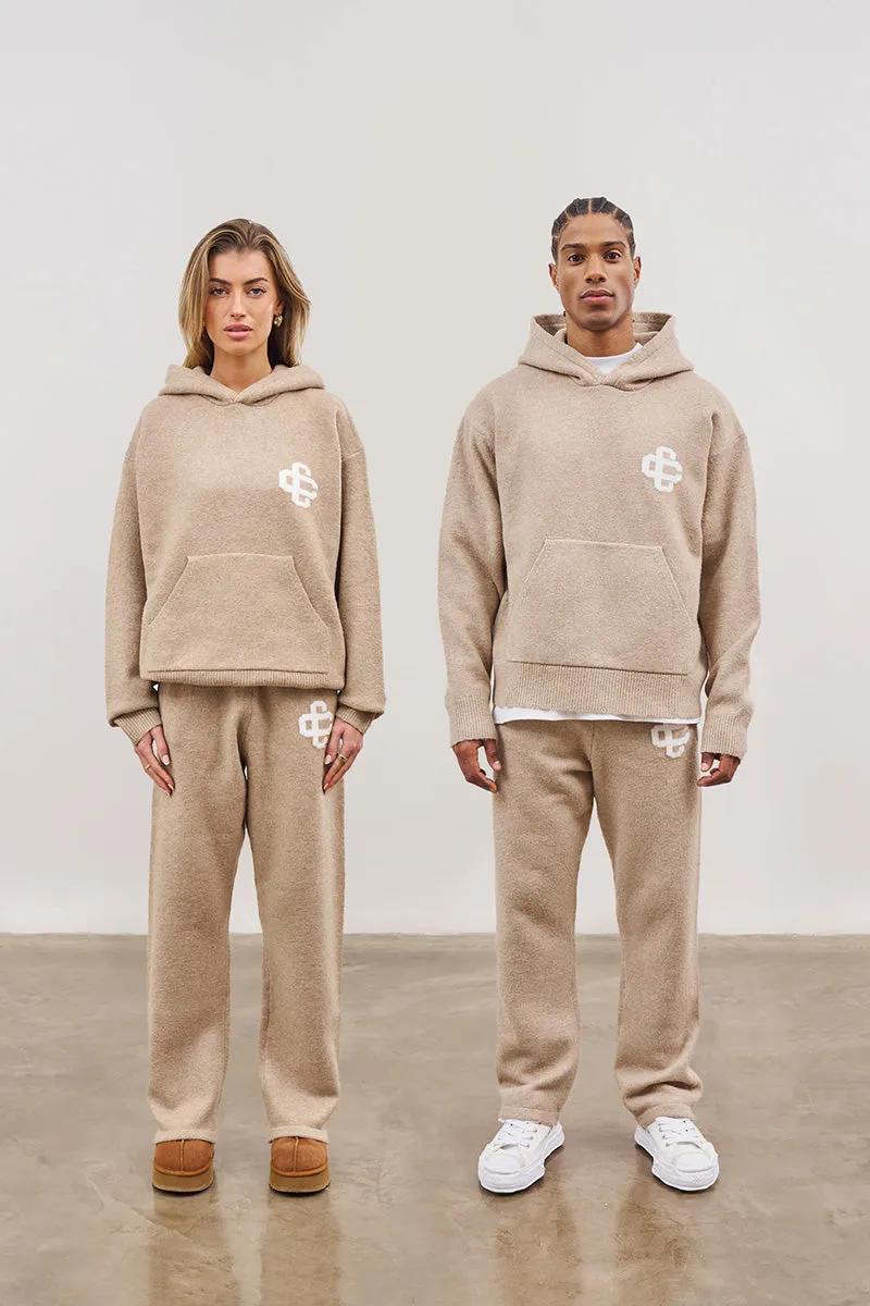 FLUFFY KNIT EMBLEM HOODIE - BEIGE