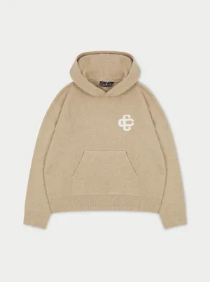 FLUFFY KNIT EMBLEM HOODIE - BEIGE
