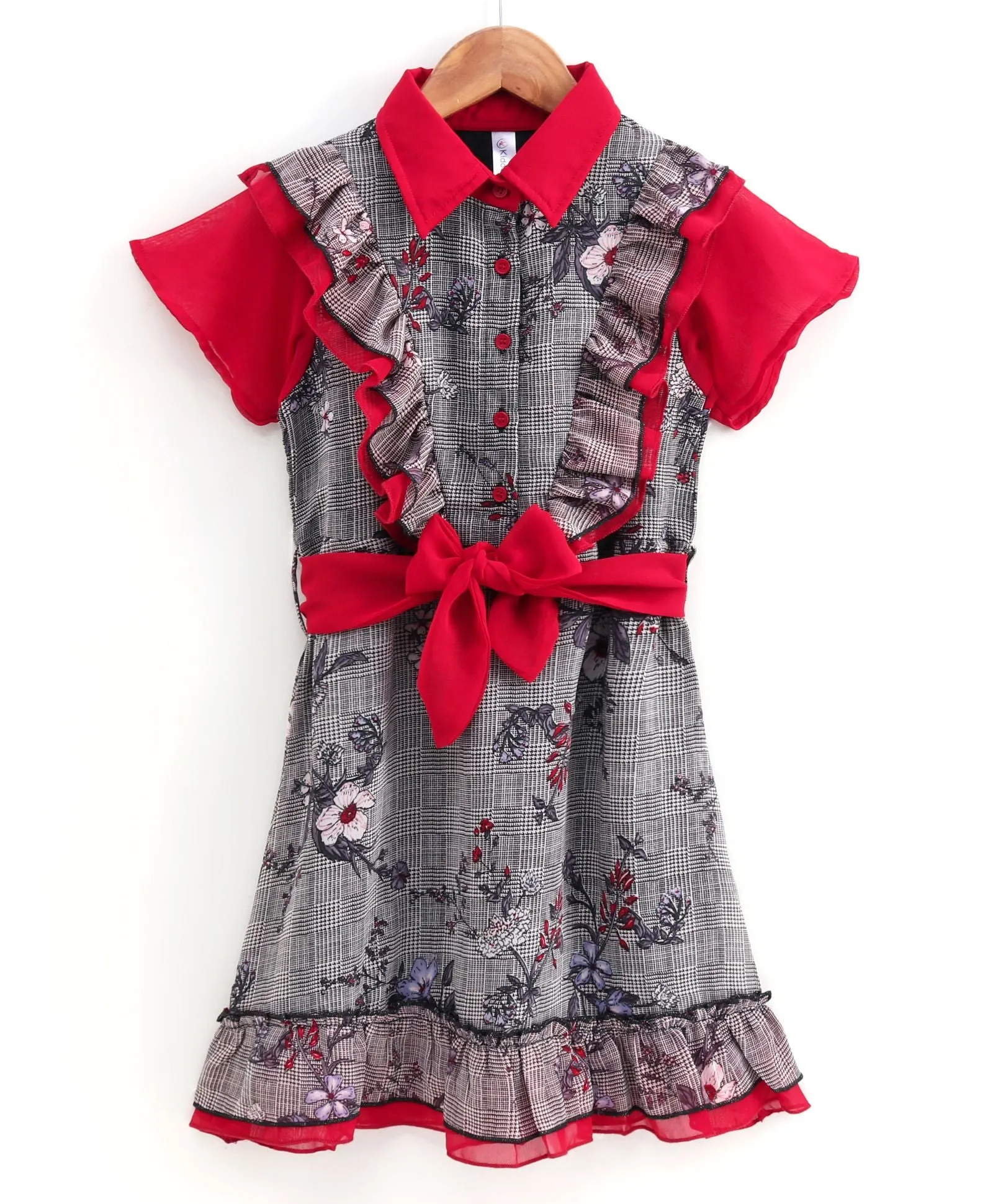 Girls Shirt Collar Dress with Frill Bottom Hem