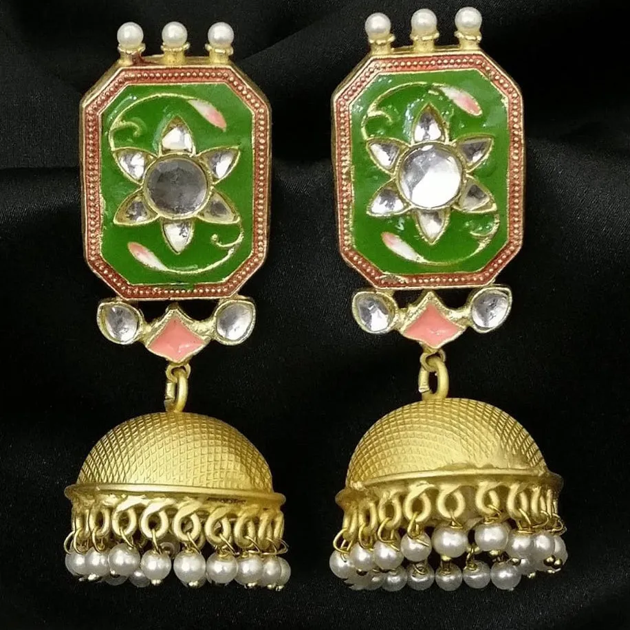 Green Hexagon Stud Golden Jhumki with Floral Design
