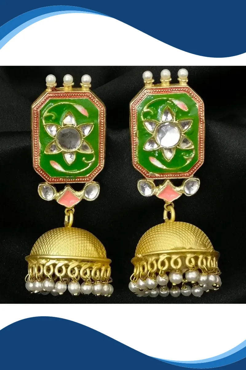 Green Hexagon Stud Golden Jhumki with Floral Design