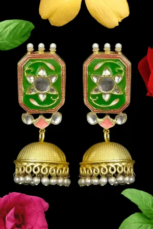 Green Hexagon Stud Golden Jhumki with Floral Design