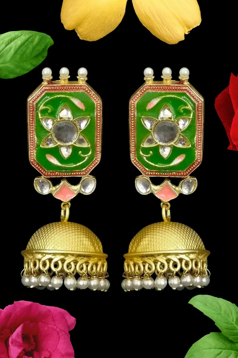 Green Hexagon Stud Golden Jhumki with Floral Design
