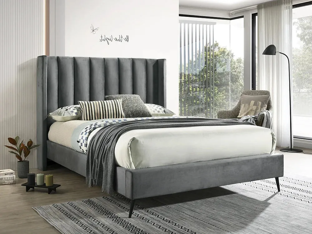 Grey Velvet Wing Fabric Platform Bed- High Density Foam Padding- Queen or King- Model #5230