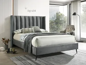 Grey Velvet Wing Fabric Platform Bed- High Density Foam Padding- Queen or King- Model #5230