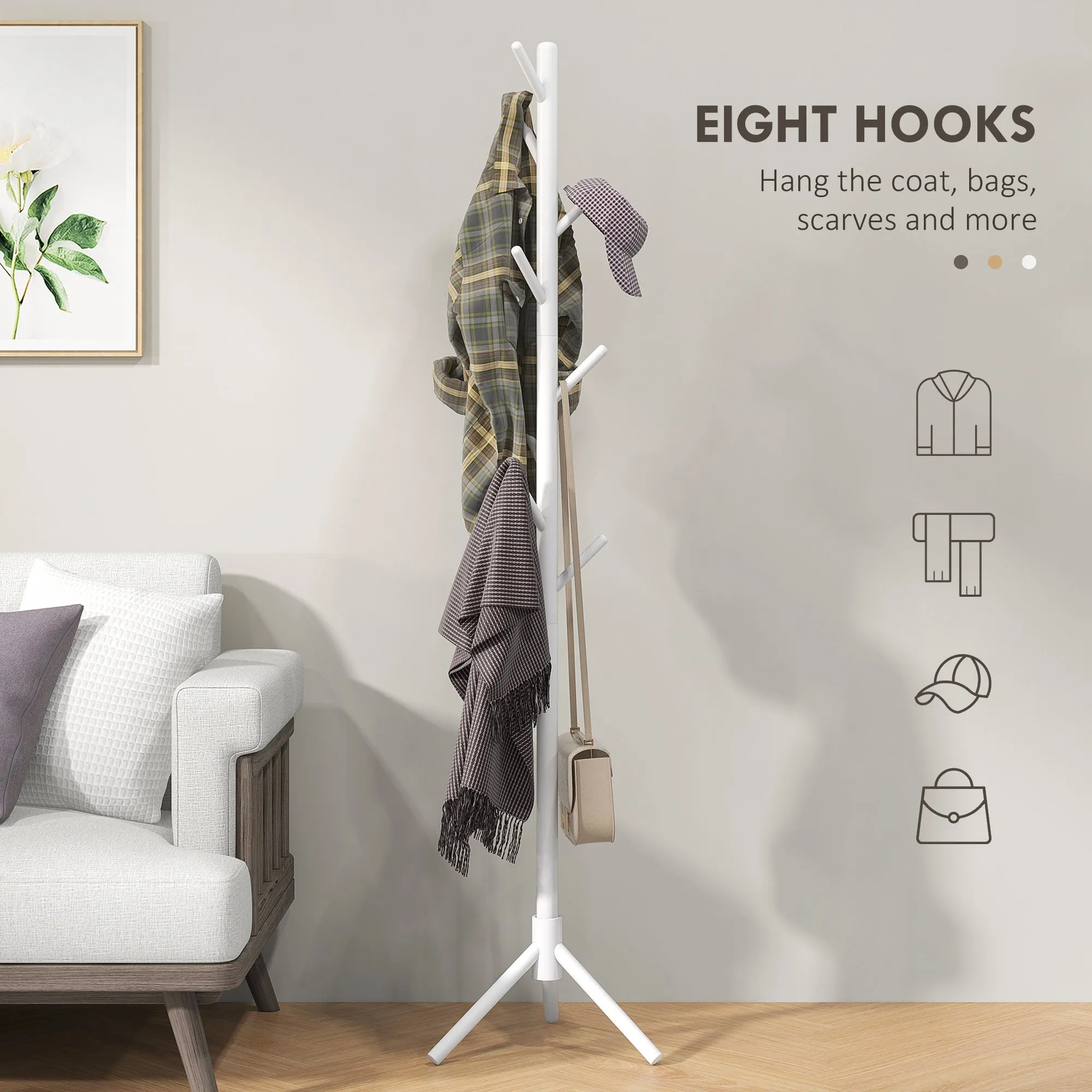HOMCOM Coat Rack Bamboo Coat Stand with 8 Hooks for Handbags, White