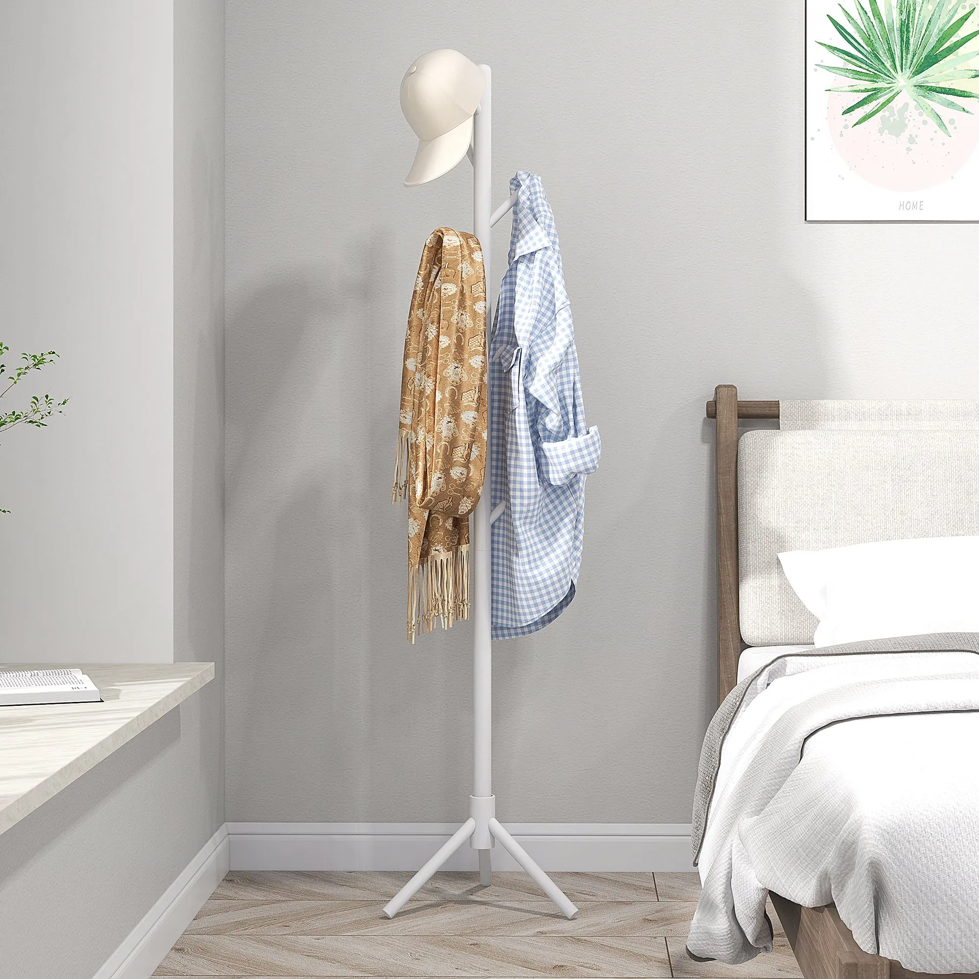 HOMCOM Coat Rack Bamboo Coat Stand with 8 Hooks for Handbags, White