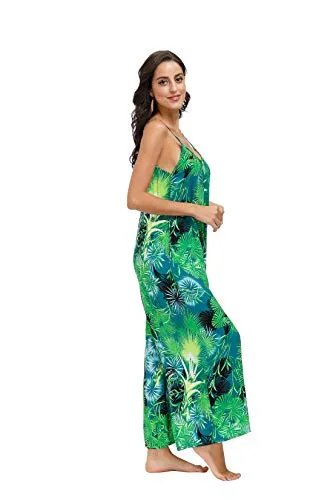 Jungle Green Women's Scoop Neck Floral Wide Leg Pants Jumpsuit (up to 3XL)