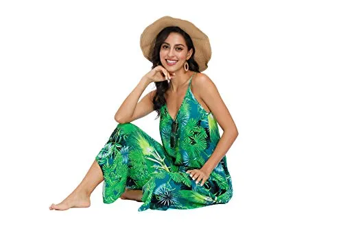Jungle Green Women's Scoop Neck Floral Wide Leg Pants Jumpsuit (up to 3XL)